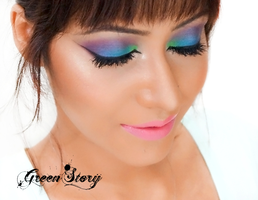 Colorful Eye makeup tutorial with blue, green and purple eyeshadow