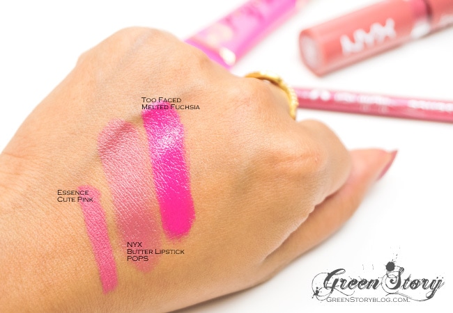 Too Faced Melted Fuchsia, NYX Pops and Essence Cute Pink Swatch